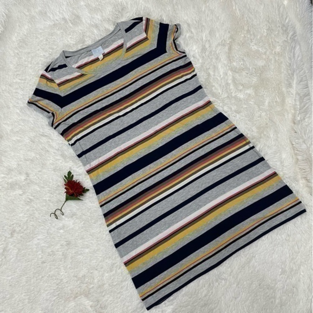 Anthropologie ❤️ Sunday Stretchy Striped Tee Shirt Dress Gray Yellow Blue Red, L